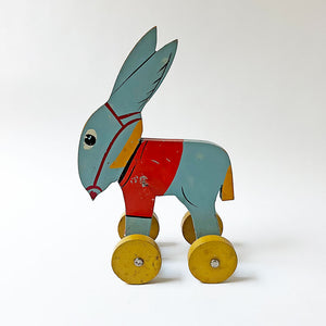 Vintage Wood Blue Donkey on Wheels Decorative Object