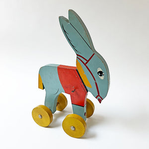 Vintage Wood Blue Donkey on Wheels Decorative Object