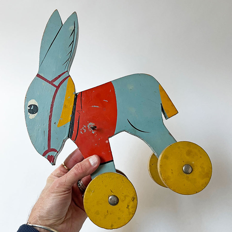Vintage Wood Blue Donkey on Wheels Decorative Object