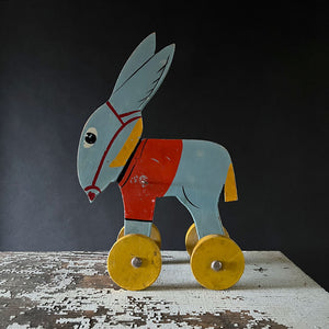 Vintage Wood Blue Donkey on Wheels Decorative Object
