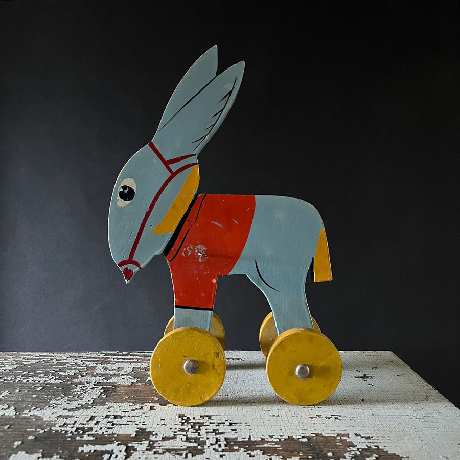 Vintage Wood Blue Donkey on Wheels Decorative Object