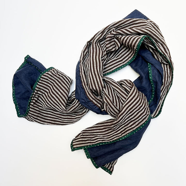 PATCH NYC Deep Blue with Brown Stripe Mixed Fabric Scarf