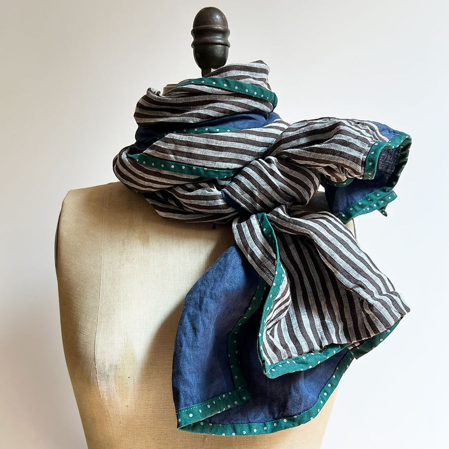 PATCH NYC Deep Blue with Brown Stripe Mixed Fabric Scarf