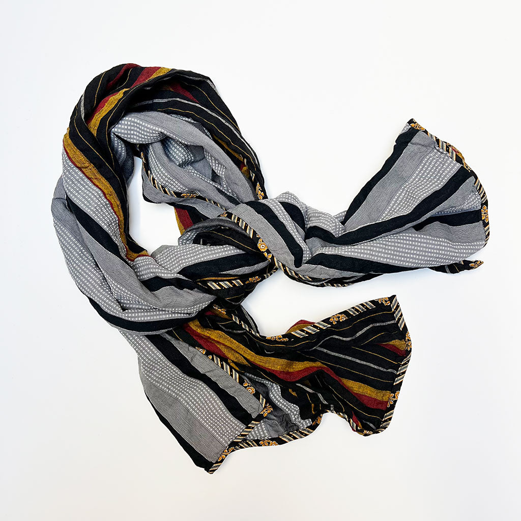 Grey/Black Stripe & Brick Red/Black/Yellow Stripe Wide Linen Scarf