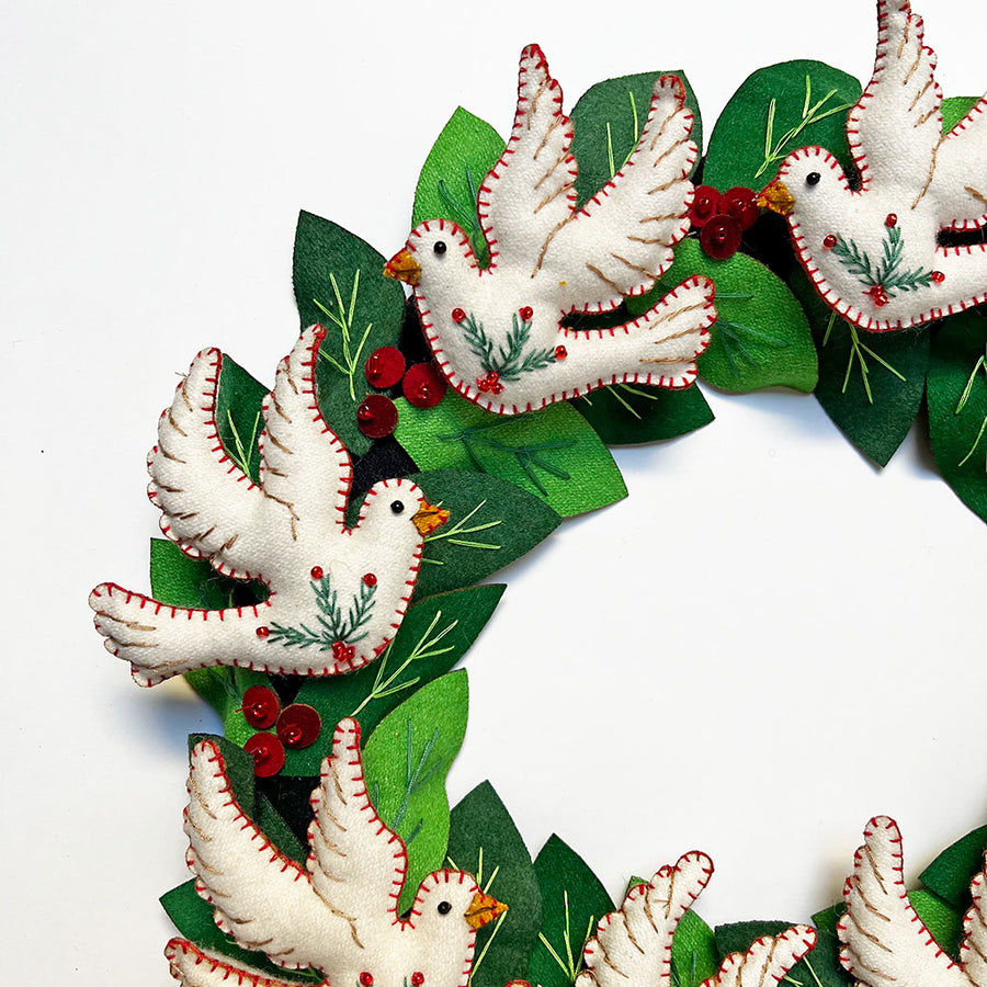 Stitched and Beaded Felt Peace Dove Holiday Wreath