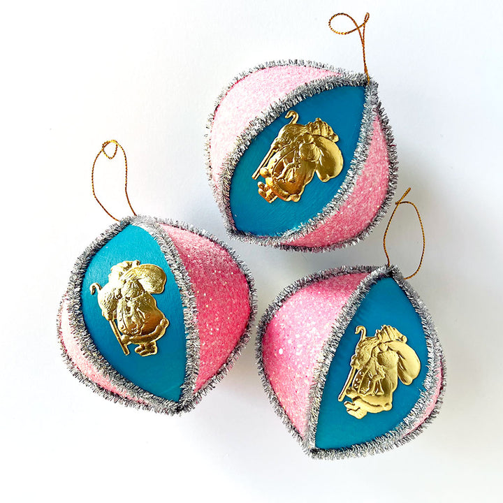 PATCH NYC Two Tone Paper Mache Ornament with Gold Foil Dresden: Santa with Toys