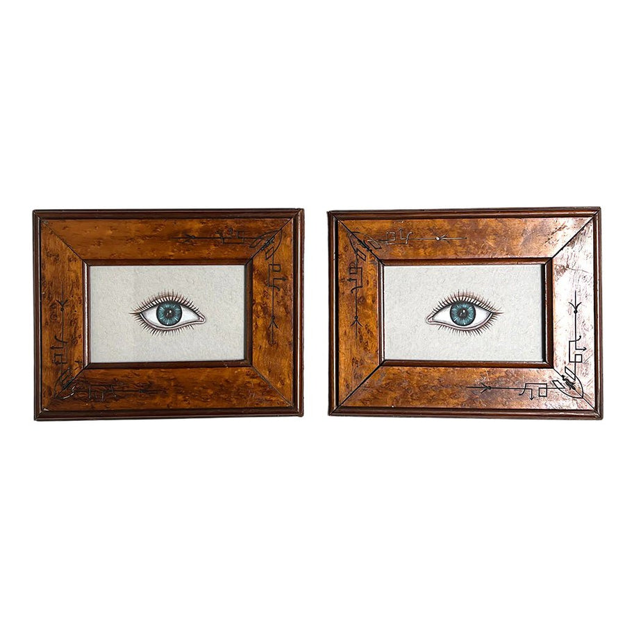 Don Carney Pair of Blue Eyes Art Prints in Vintage Etched Wood Frames