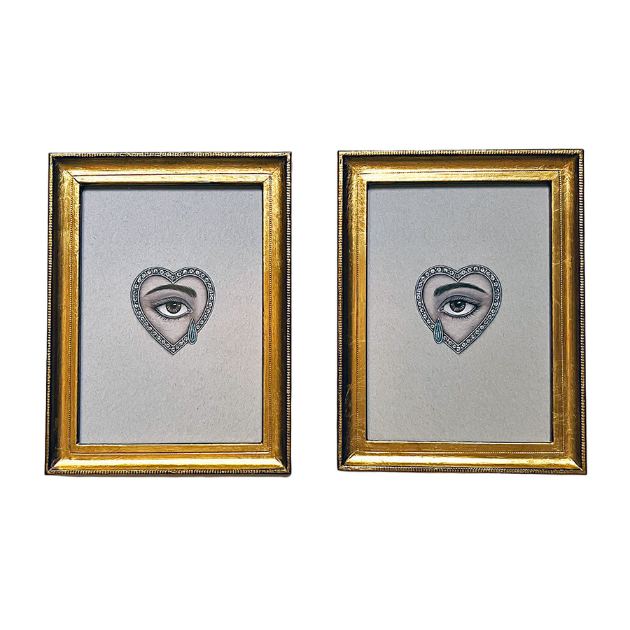 Don Carney Pair of Brown Eyes with Gem Tears & Diamond Hearts - Art Prints in Gold Frames
