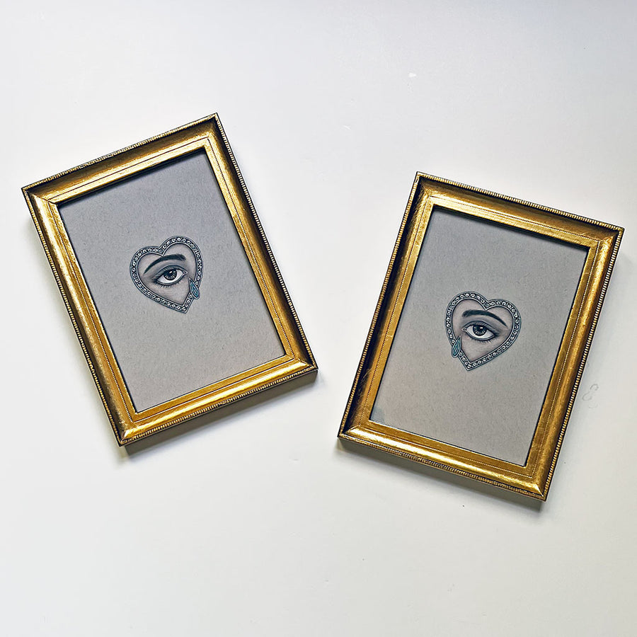 Don Carney Pair of Brown Eyes with Gem Tears & Diamond Hearts - Art Prints in Gold Frames