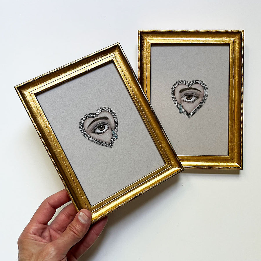 Don Carney Pair of Brown Eyes with Gem Tears & Diamond Hearts - Art Prints in Gold Frames