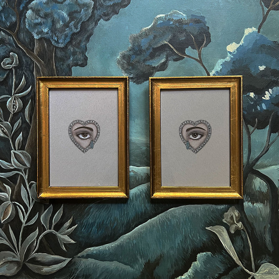 Don Carney Pair of Brown Eyes with Gem Tears & Diamond Hearts - Art Prints in Gold Frames
