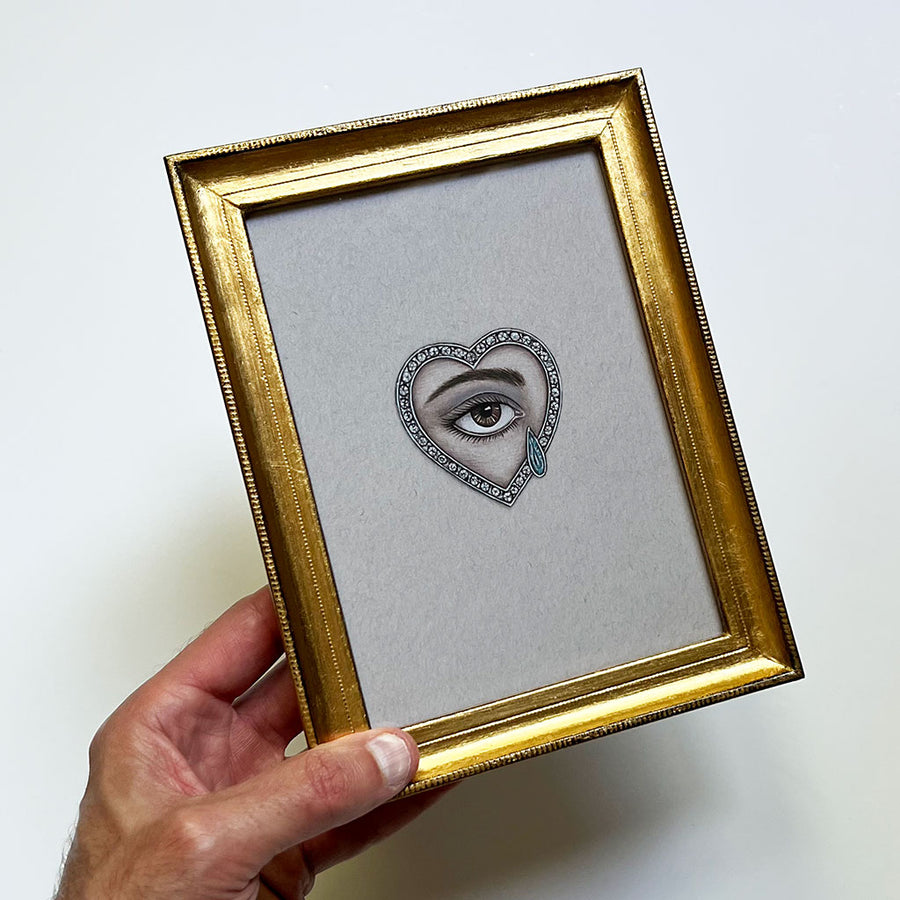 Don Carney Brown Right Eye with Gem Tear & Diamond Heart - Art Print in Gold Frame