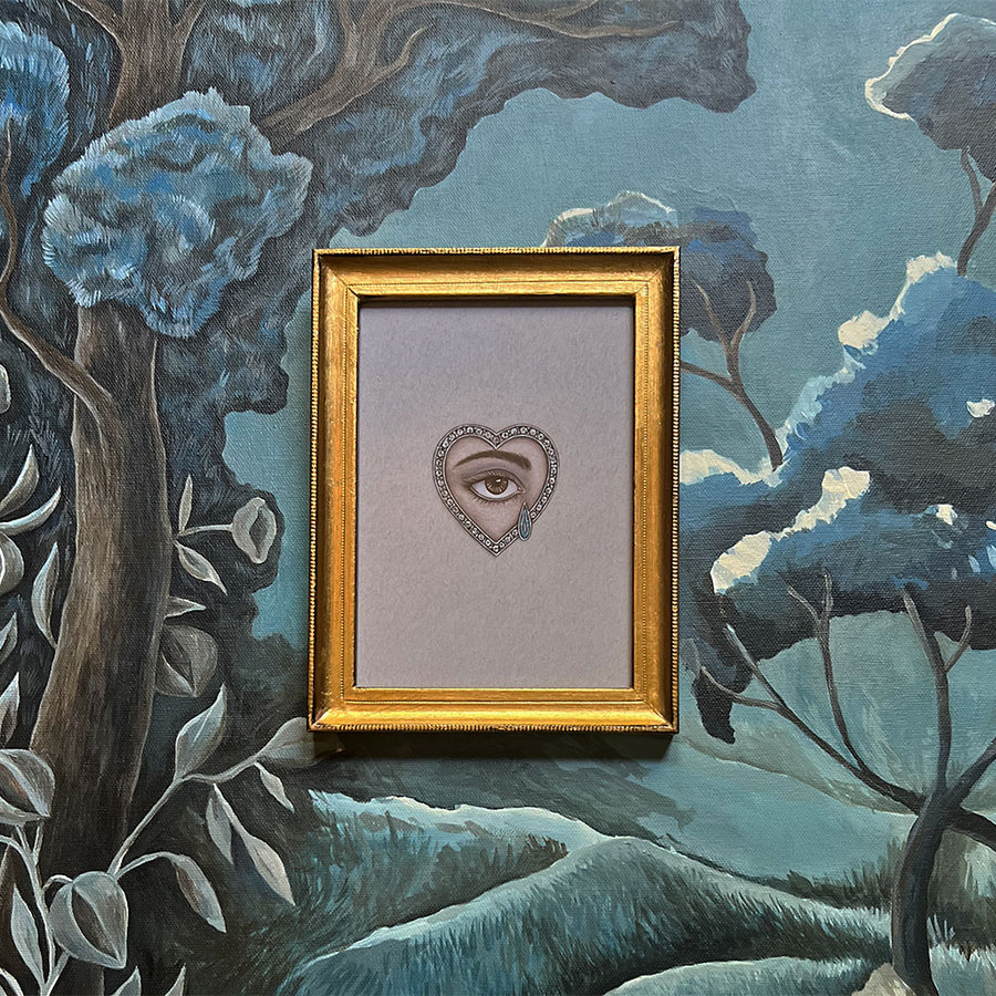 Don Carney Brown Right Eye with Gem Tear & Diamond Heart - Art Print in Gold Frame