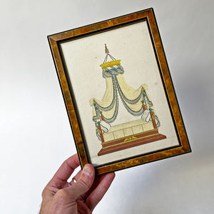 Crown Bed Original Hand-Colored French Engraving in Vintage Frame