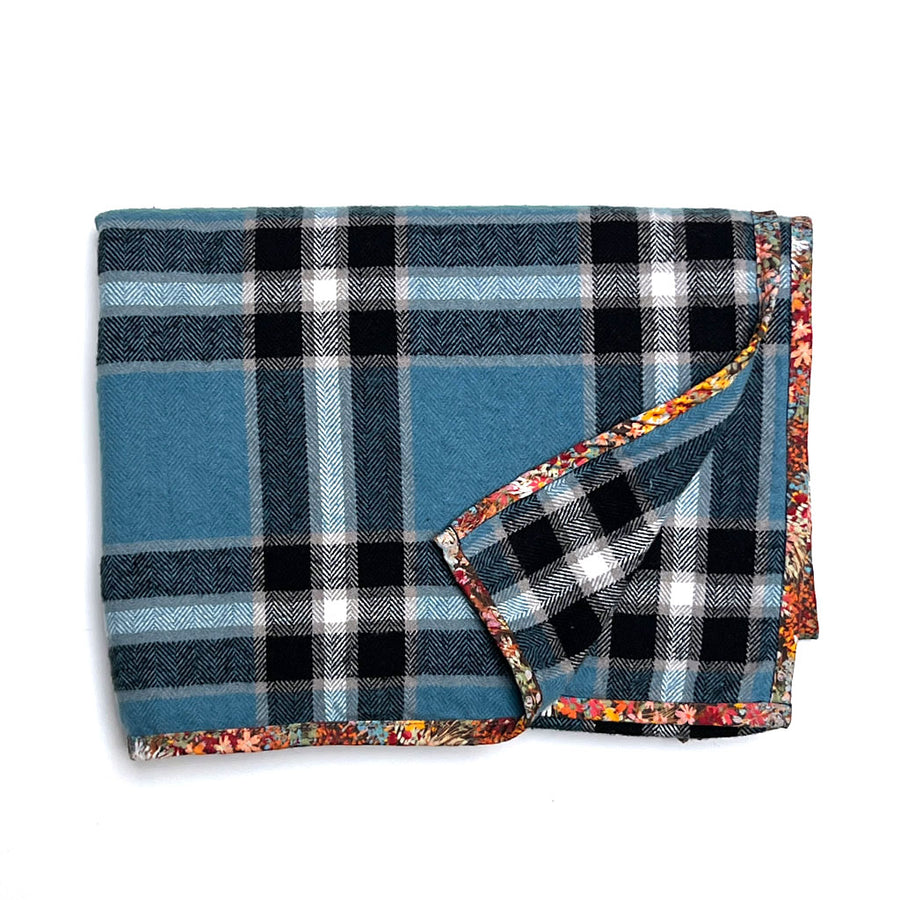 Blue, Black, Cream Plaid Flannel Scarf