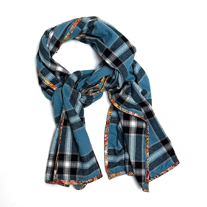 Blue, Black, Cream Plaid Flannel Scarf