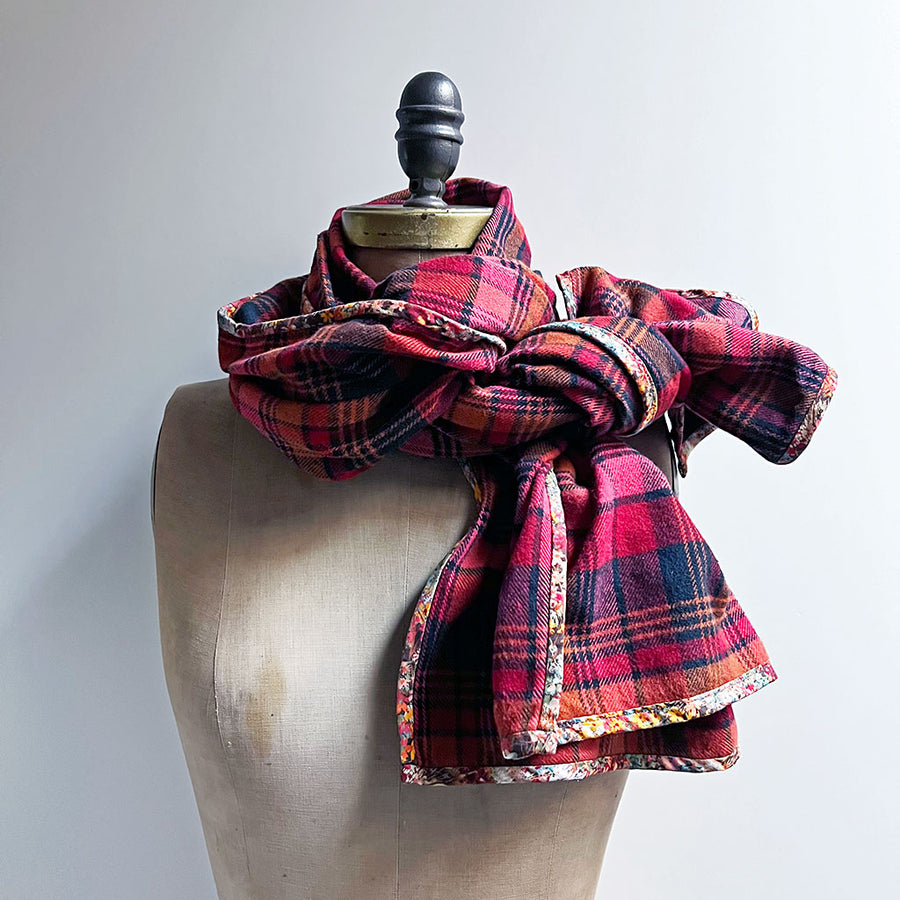 Red, Rust, Coral Pink & Black Plaid Flannel Scarf