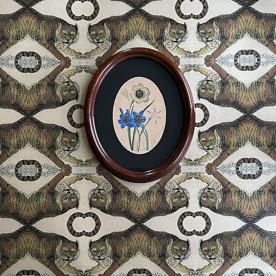 Original Hand-Colored Floral Study Engraving in Vintage Oval Frame