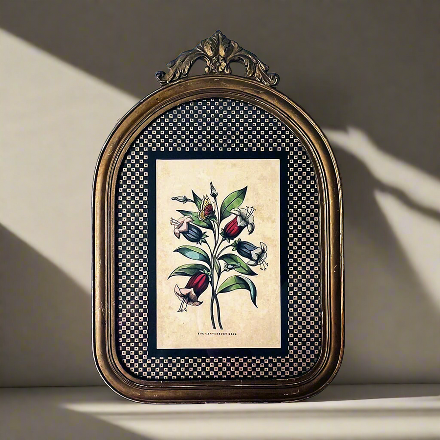 Canterbury Bell Flowers Original Vintage Lithograph in Arched Wood Frame