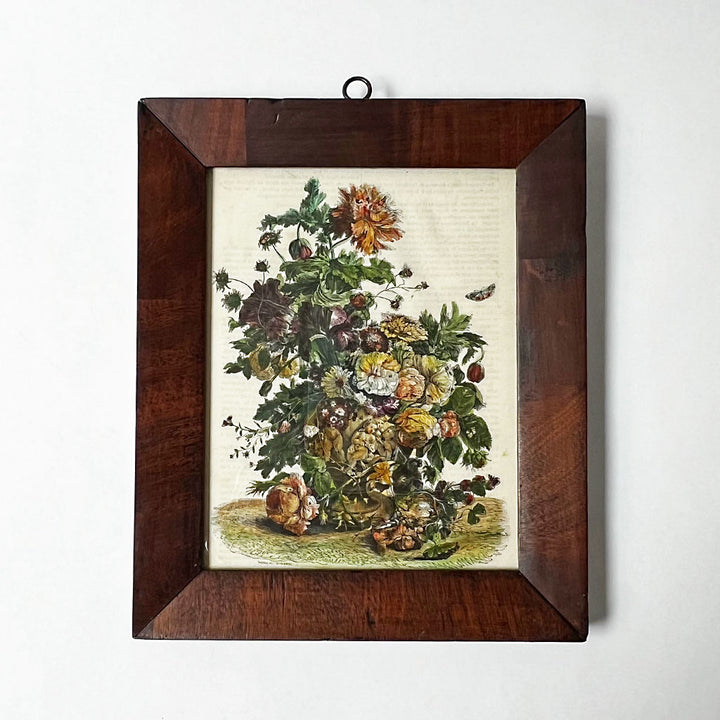 Still Life with Flowers & Nest Original Hand-Colored French Engraving  in Vintage Frame