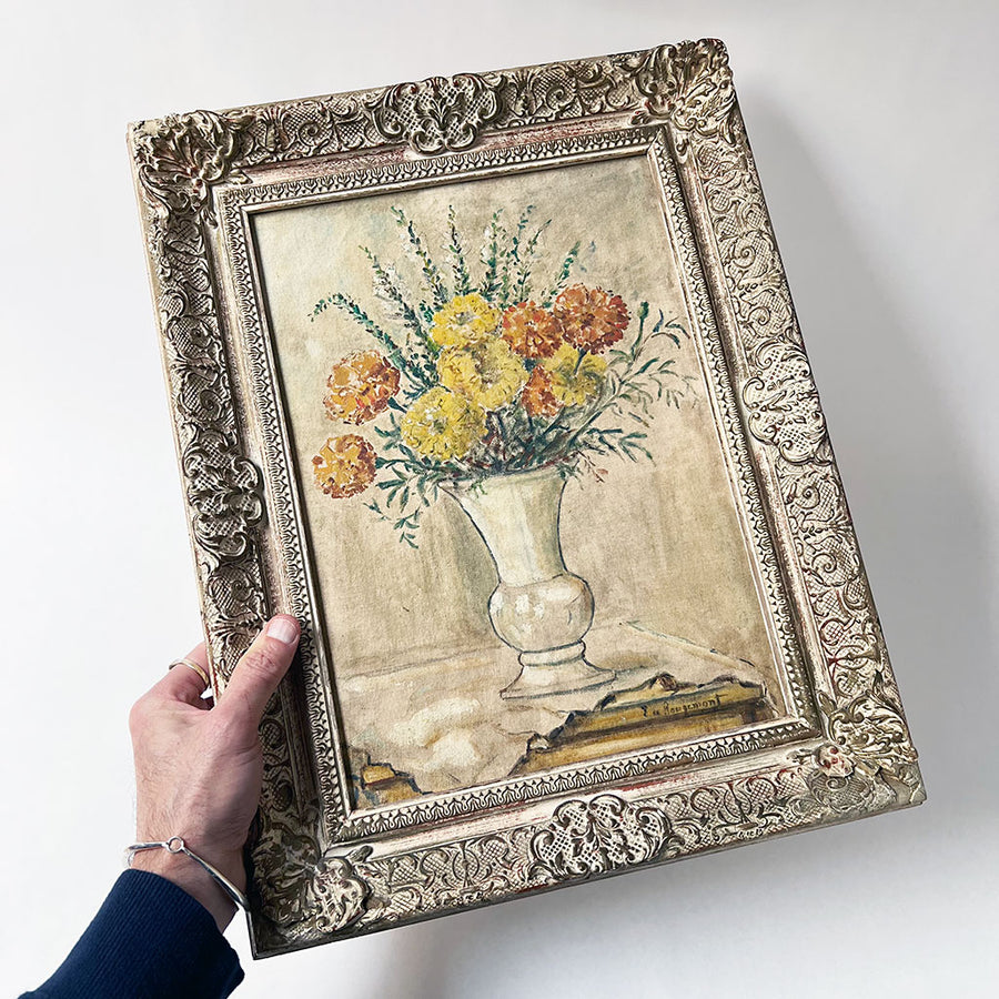 Vintage Still Life with Flowers Original Painting on Board in Ornate Frame