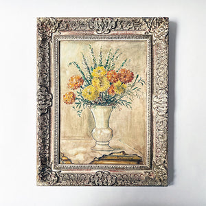 Vintage Still Life with Flowers Original Painting on Board in Ornate Frame