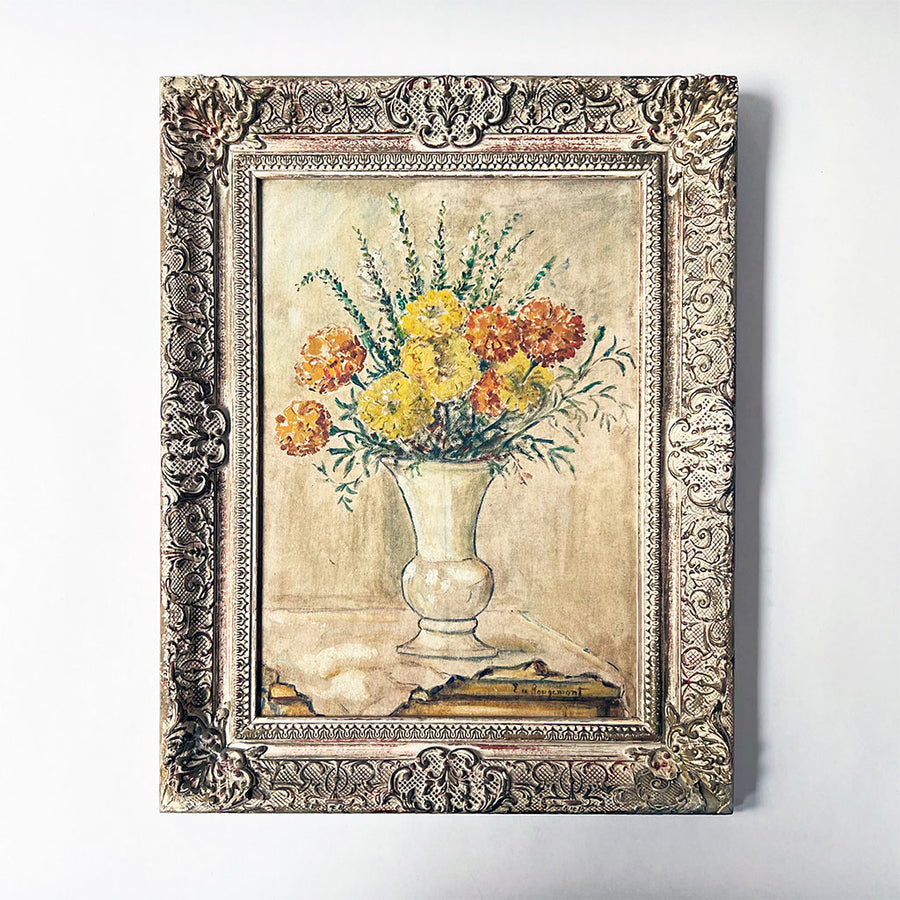 Vintage Still Life with Flowers Original Painting on Board in Ornate Frame