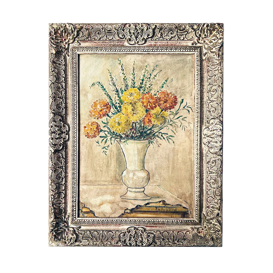Vintage Still Life with Flowers Original Painting on Board in Ornate Frame