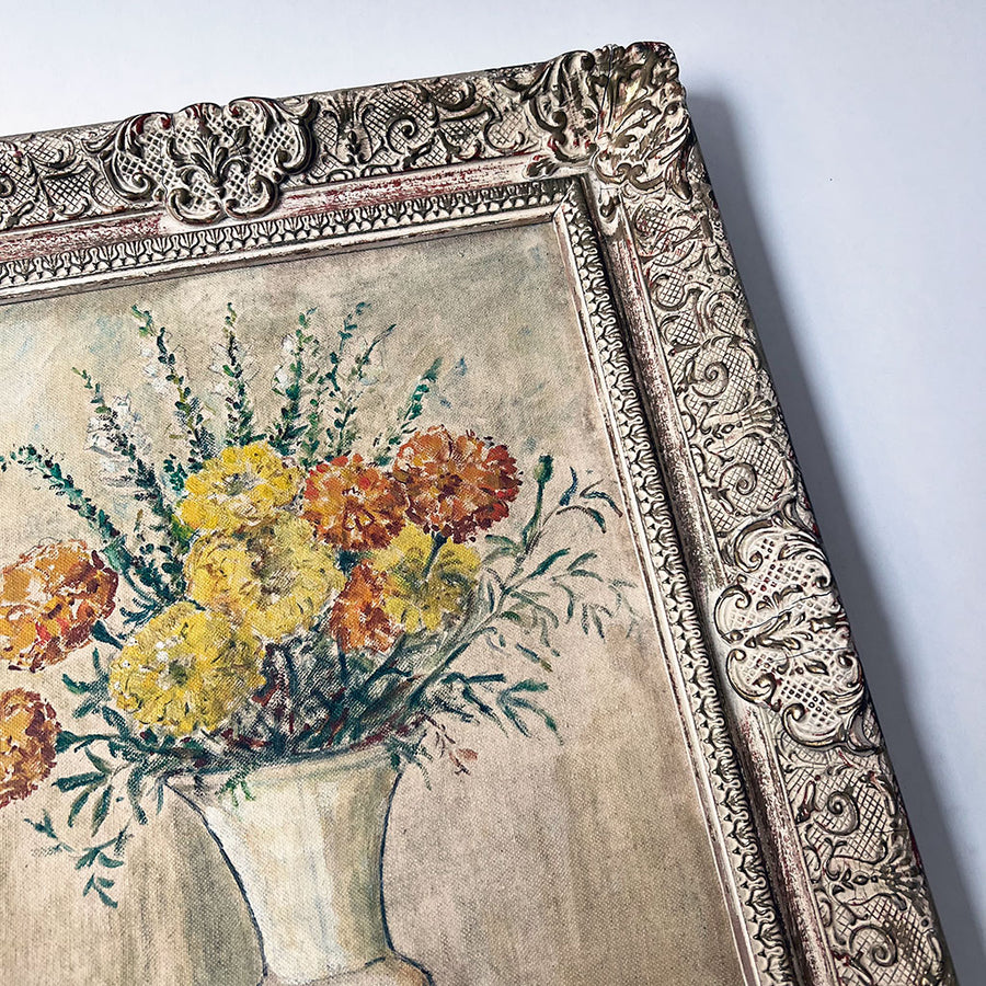 Vintage Still Life with Flowers Original Painting on Board in Ornate Frame