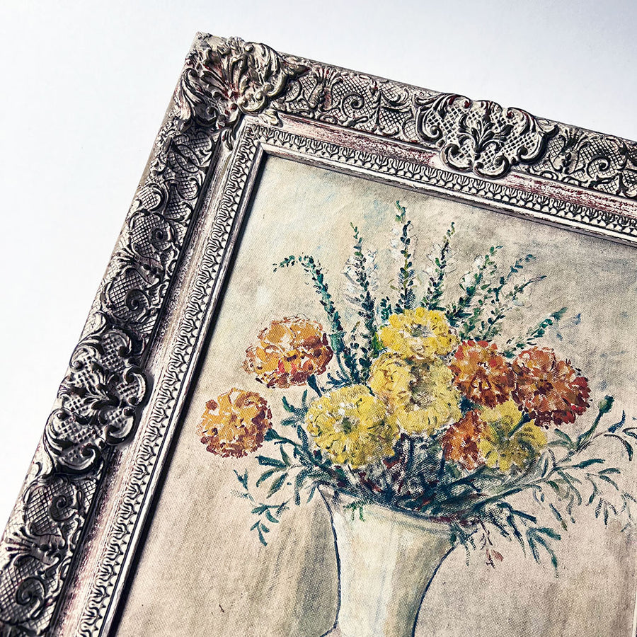 Vintage Still Life with Flowers Original Painting on Board in Ornate Frame