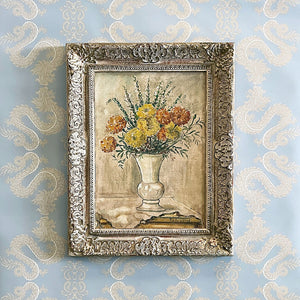 Vintage Still Life with Flowers Original Painting on Board in Ornate Frame