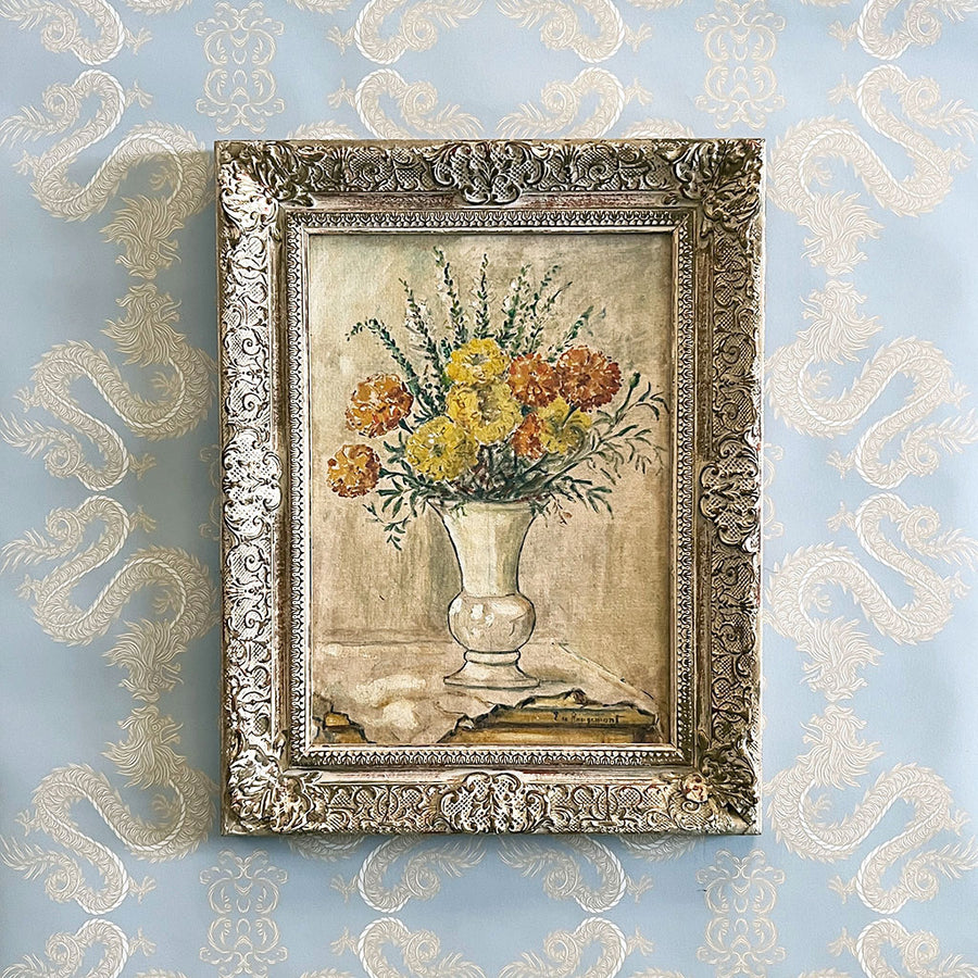 Vintage Still Life with Flowers Original Painting on Board in Ornate Frame