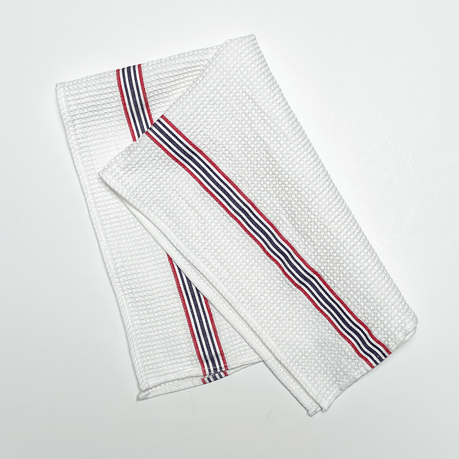 Classic French Waffle Weave Tea Towel with Red & Blue Stripe (Set of 2)