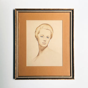 Original 1948 Watercolor Portrait of a Glamorous Woman in Wood Frame
