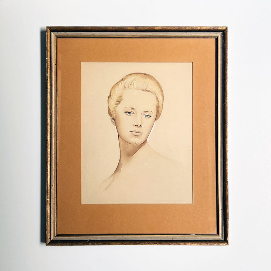 Original 1948 Watercolor Portrait of a Glamorous Woman in Wood Frame