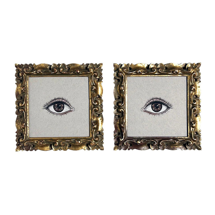 Don Carney Pair of Brown Eyes Art Prints in Vintage Gold Tone Carved Wood Frames