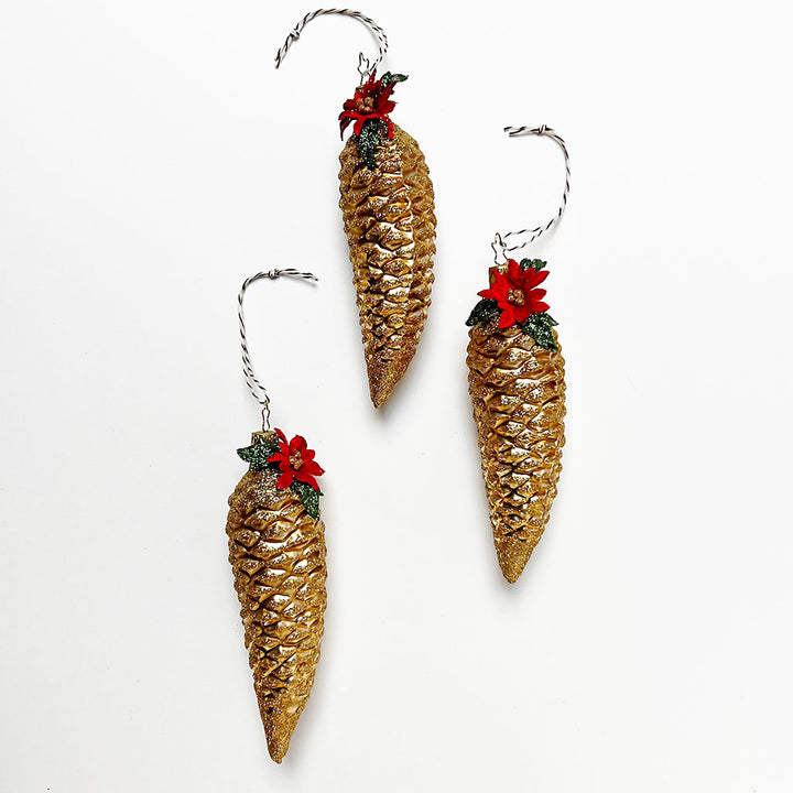 Sparkly Gold Pinecone with Poinsettia Glass Ornament