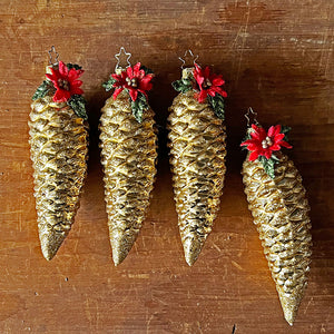 Sparkly Gold Pinecone with Poinsettia Glass Ornament