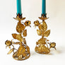Mid-Century Metal Floral Toleware Candle Holders Made in Italy (Set of 2)