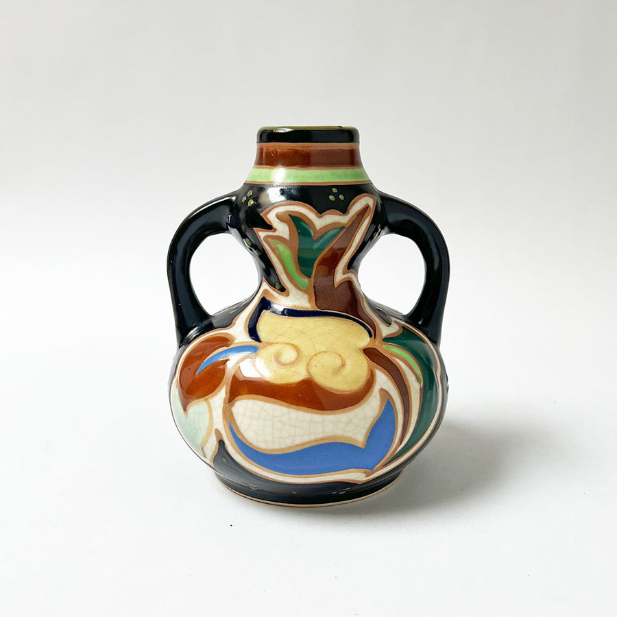 Vintage Deco Ceramic Vase with Double Handles Made in Japan