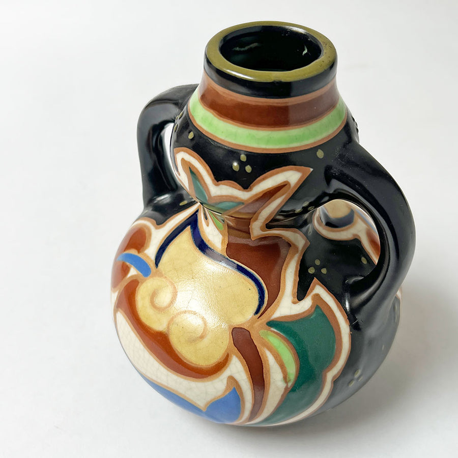 Vintage Deco Ceramic Vase with Double Handles Made in Japan