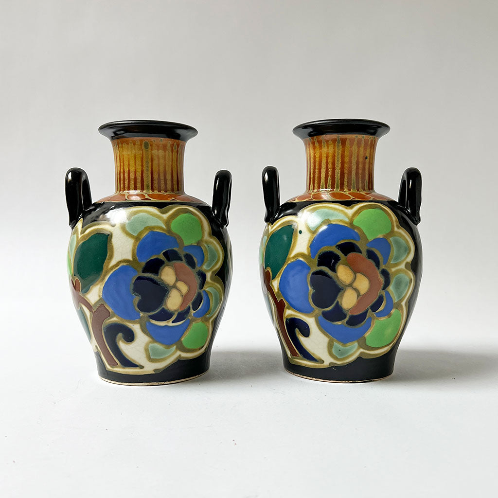 Pair of Vintage Deco Ceramic Double Handle Vases Made in Japan – PATCH NYC