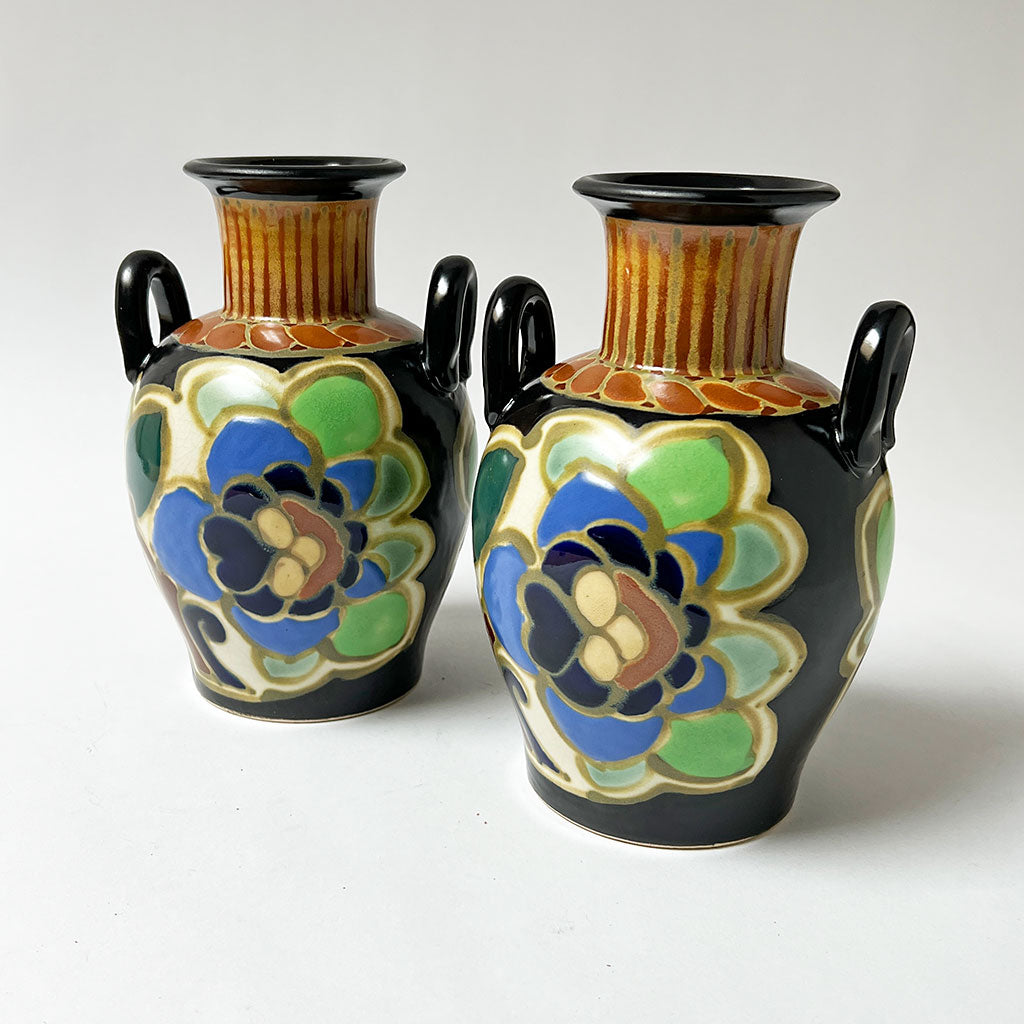 Pair of Vintage Deco Ceramic Double Handle Vases Made in Japan – PATCH NYC