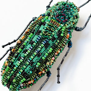 Beaded Green Beetle Embroidered Pin