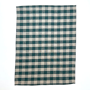 Big Check Linen Tea Towel in Forest Green