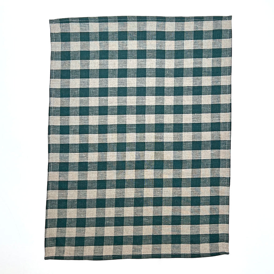 Big Check Linen Tea Towel in Forest Green