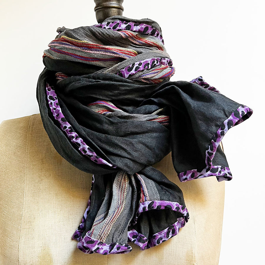 Charcoal Berry Stripe & Black Wide Scarf