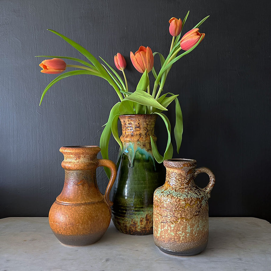 Mid-Century Ceramic Tall Vase with Green Glaze Made in West Germany