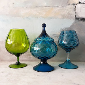 Vintage Midcentury Blue Glass Lidded Footed Bowl
