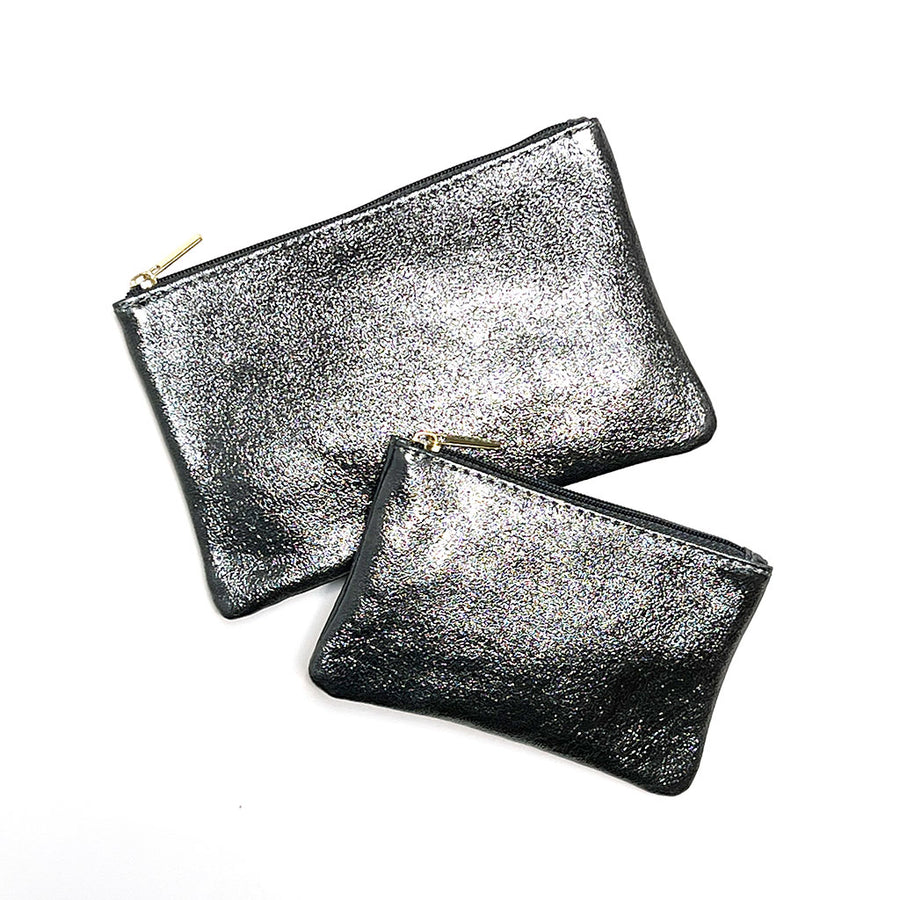 Smoky Charcoal Metallic Leather Pouch